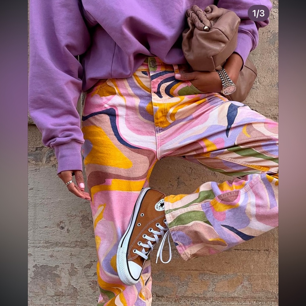 ZARA Printed Colorful Abstract Wave Print Straight Leg Jeans Size 4 NWT